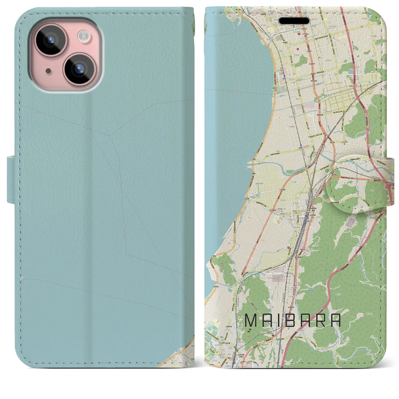 【米原(滋賀県)】地図柄iPhoneケース(手帳タイプ)ナチュラル・iPhone 15 Plus 用