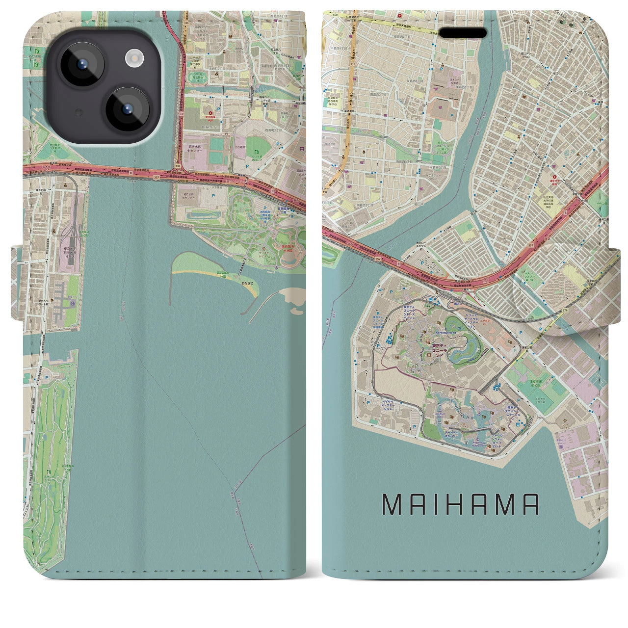 【舞浜(千葉県)】地図柄iPhoneケース(手帳タイプ)ナチュラル・iPhone 14 Plus 用