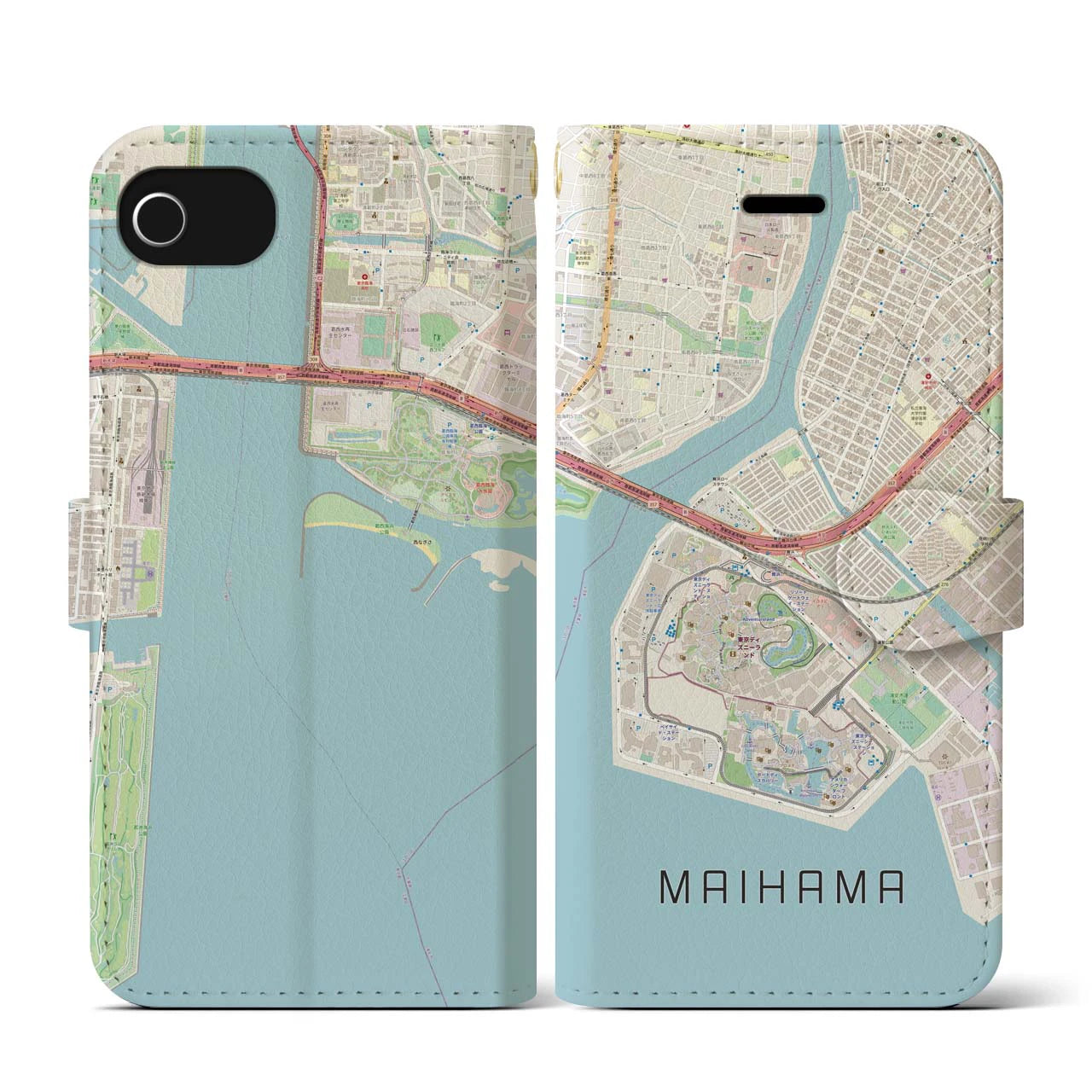 【舞浜(千葉県)】地図柄iPhoneケース(手帳タイプ)ナチュラル・iPhone SE(第3 / 第2世代) / 8 / 7 / 6s / 6 用