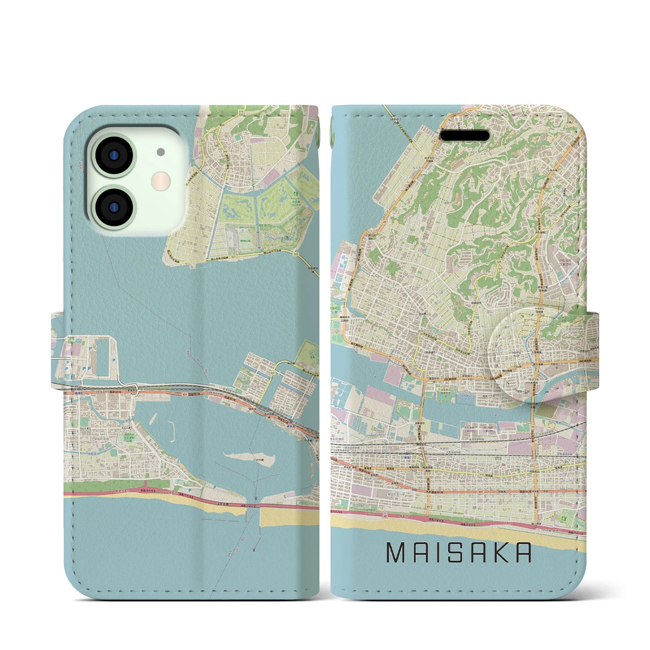 【舞阪(静岡県)】地図柄iPhoneケース(手帳タイプ)ナチュラル・iPhone 12 mini 用