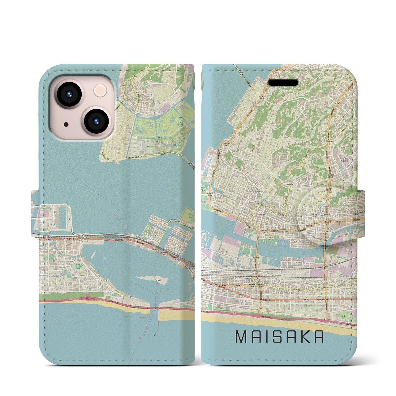 【舞阪(静岡県)】地図柄iPhoneケース(手帳タイプ)ナチュラル・iPhone 13 mini 用