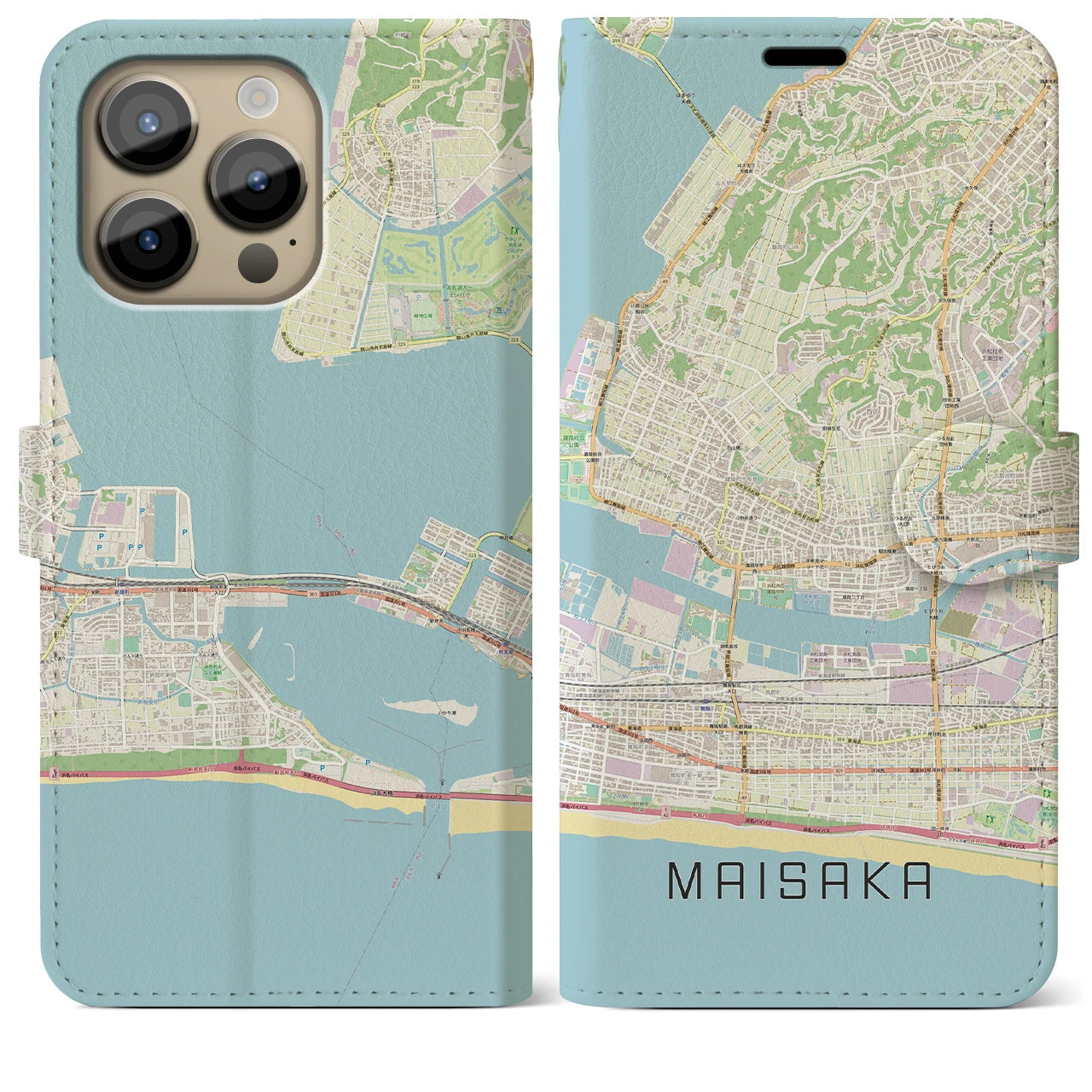 【舞阪(静岡県)】地図柄iPhoneケース(手帳タイプ)ナチュラル・iPhone 14 Pro Max 用