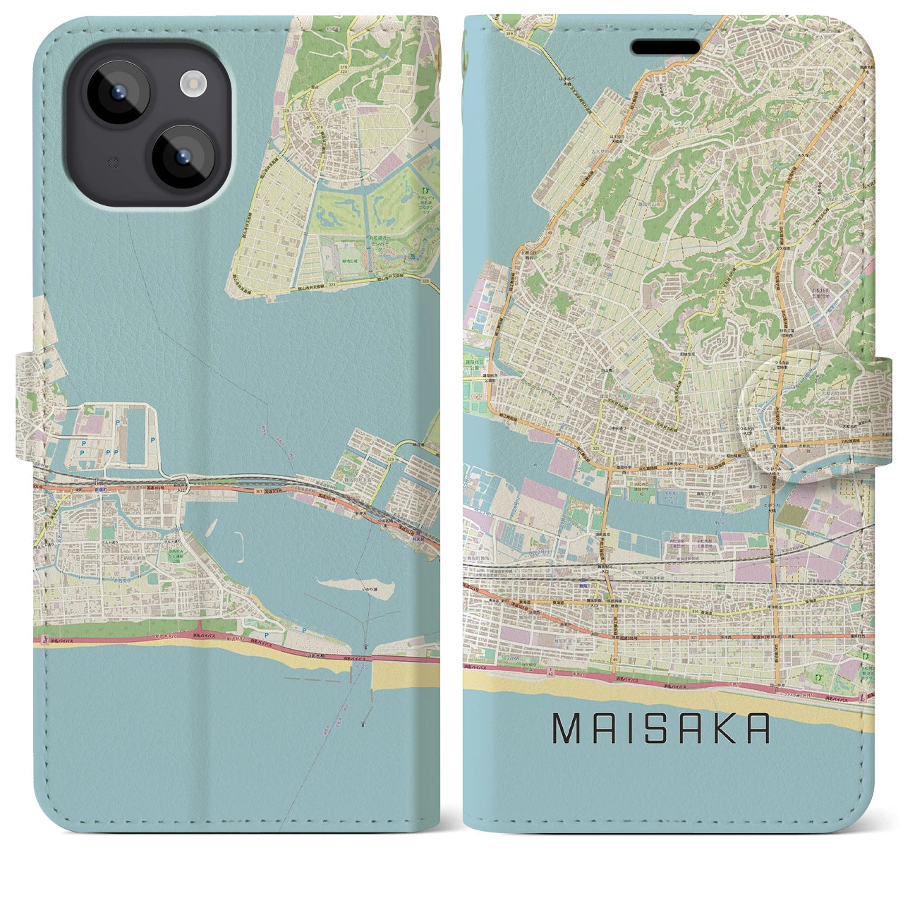 【舞阪(静岡県)】地図柄iPhoneケース(手帳タイプ)ナチュラル・iPhone 14 Plus 用