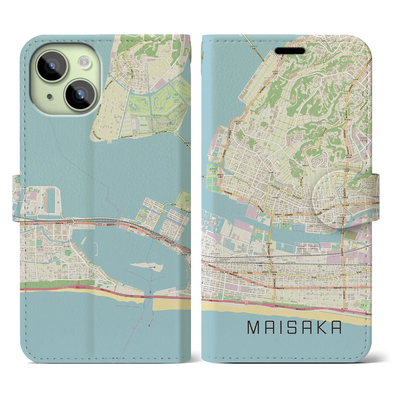 【舞阪(静岡県)】地図柄iPhoneケース(手帳タイプ)ナチュラル・iPhone 15 用