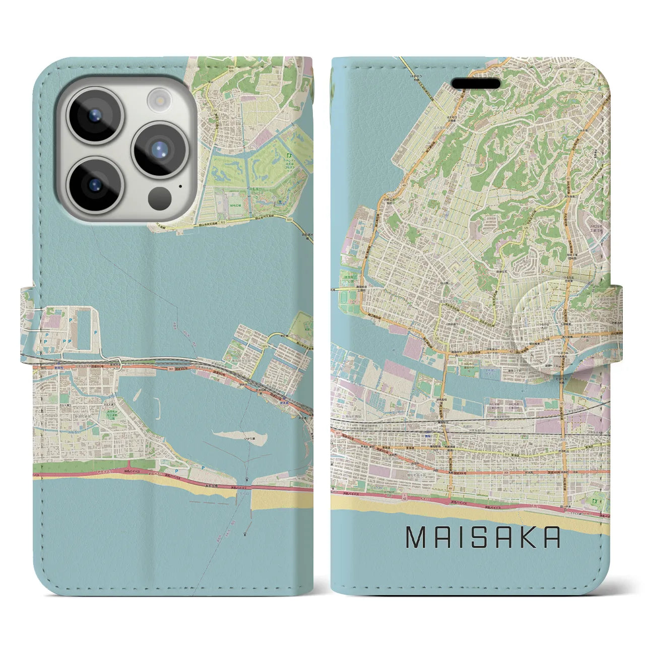 【舞阪(静岡県)】地図柄iPhoneケース(手帳タイプ)ナチュラル・iPhone 15 Pro 用