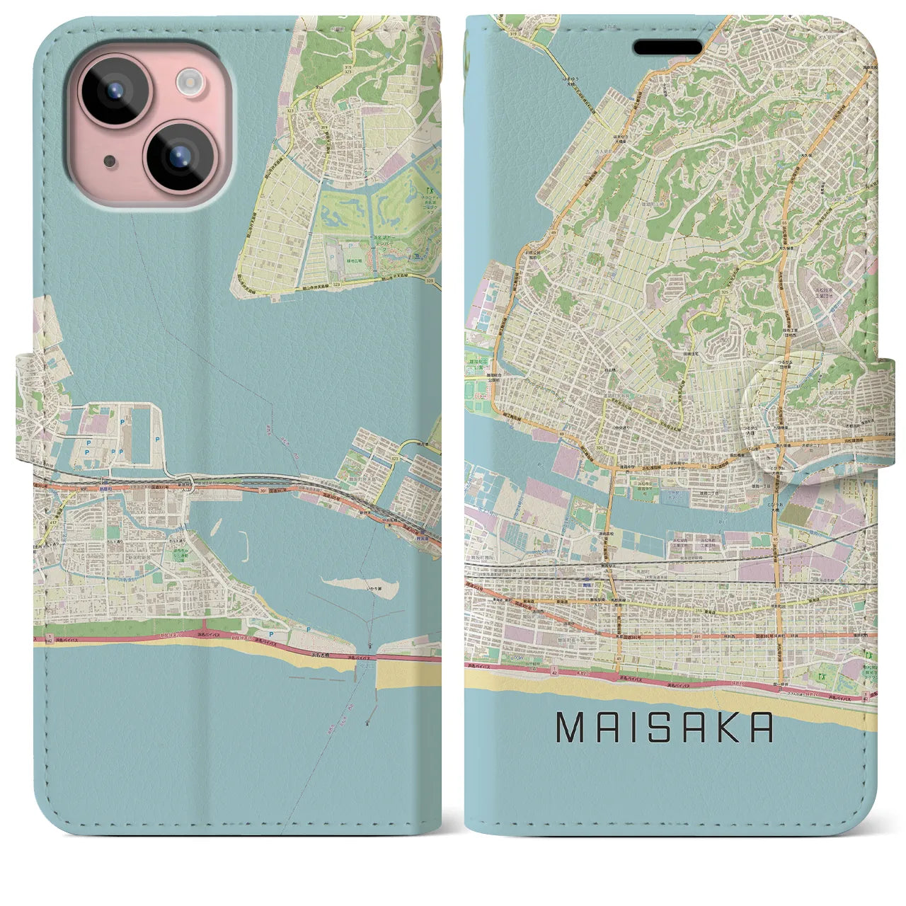 【舞阪(静岡県)】地図柄iPhoneケース(手帳タイプ)ナチュラル・iPhone 15 Plus 用