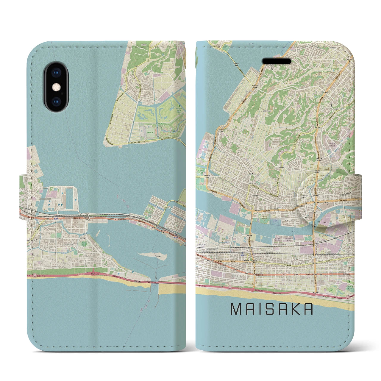 【舞阪(静岡県)】地図柄iPhoneケース(手帳タイプ)ナチュラル・iPhone XS / X 用