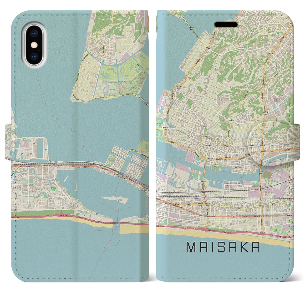 【舞阪(静岡県)】地図柄iPhoneケース(手帳タイプ)ナチュラル・iPhone XS Max 用