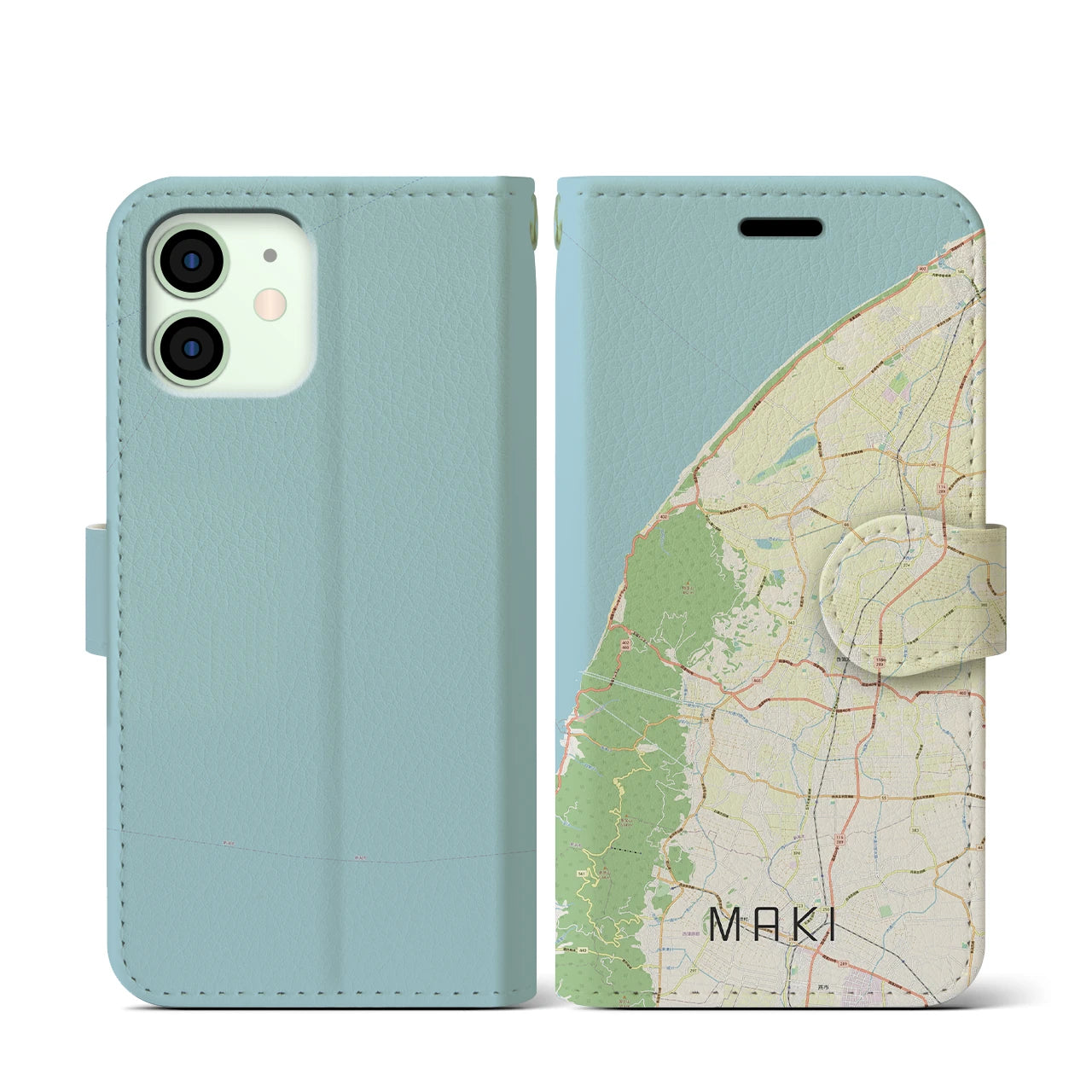 【巻(新潟県)】地図柄iPhoneケース(手帳タイプ)ナチュラル・iPhone 12 mini 用