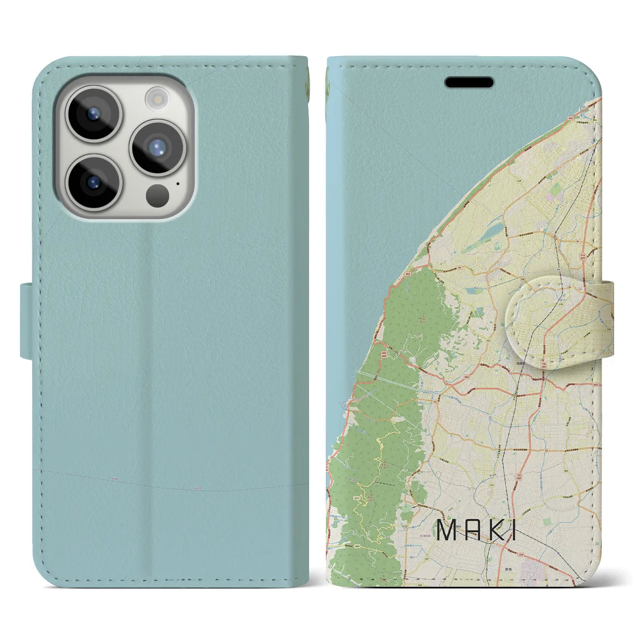 【巻(新潟県)】地図柄iPhoneケース(手帳タイプ)ナチュラル・iPhone 15 Pro 用