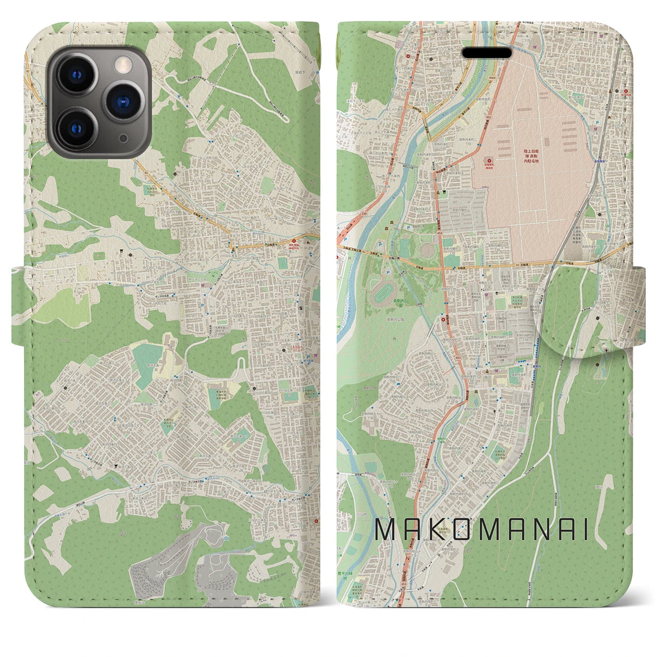 【真駒内(北海道)】地図柄iPhoneケース(手帳タイプ)ナチュラル・iPhone 11 Pro Max 用