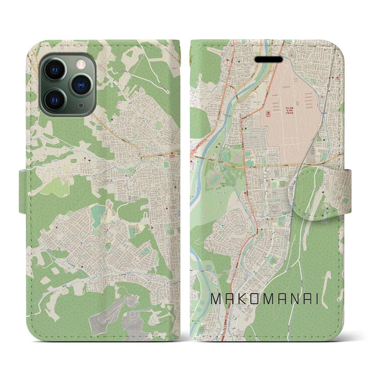 【真駒内(北海道)】地図柄iPhoneケース(手帳タイプ)ナチュラル・iPhone 11 Pro 用