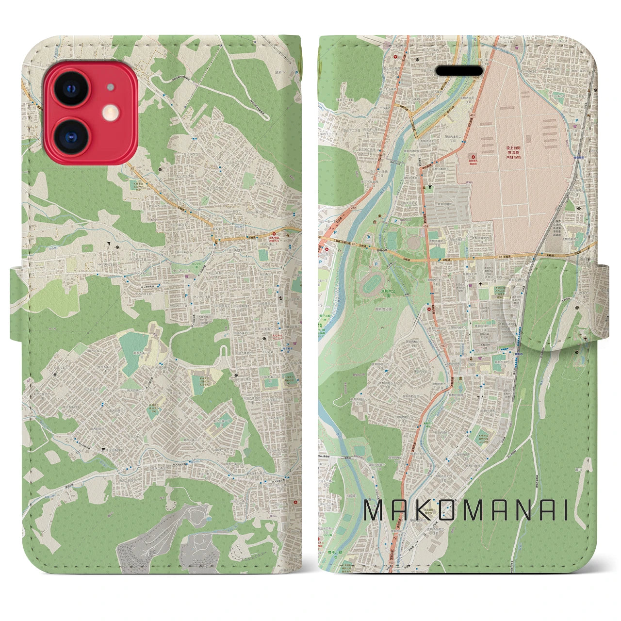 【真駒内(北海道)】地図柄iPhoneケース(手帳タイプ)ナチュラル・iPhone 11 用