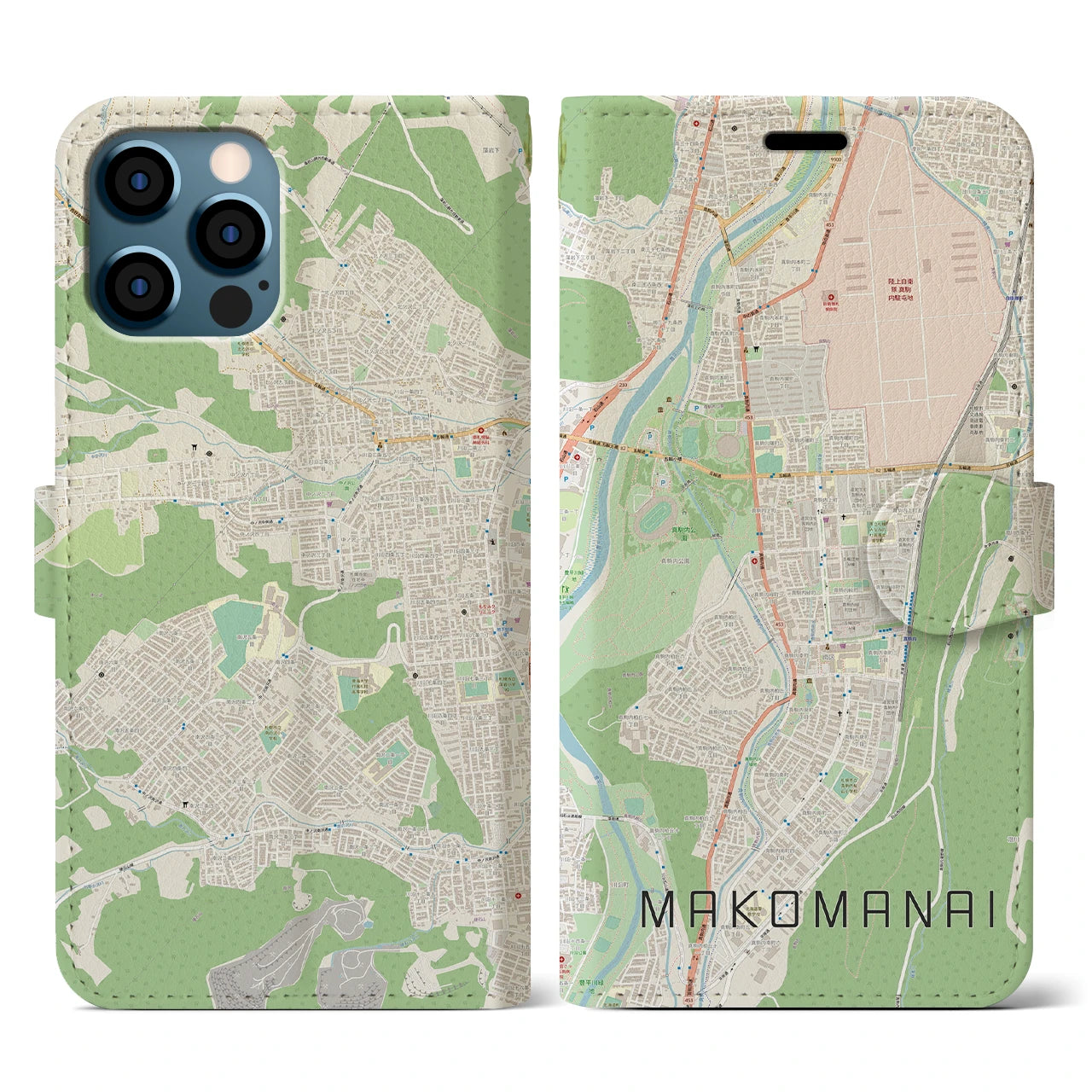 【真駒内(北海道)】地図柄iPhoneケース(手帳タイプ)ナチュラル・iPhone 12 / 12 Pro 用