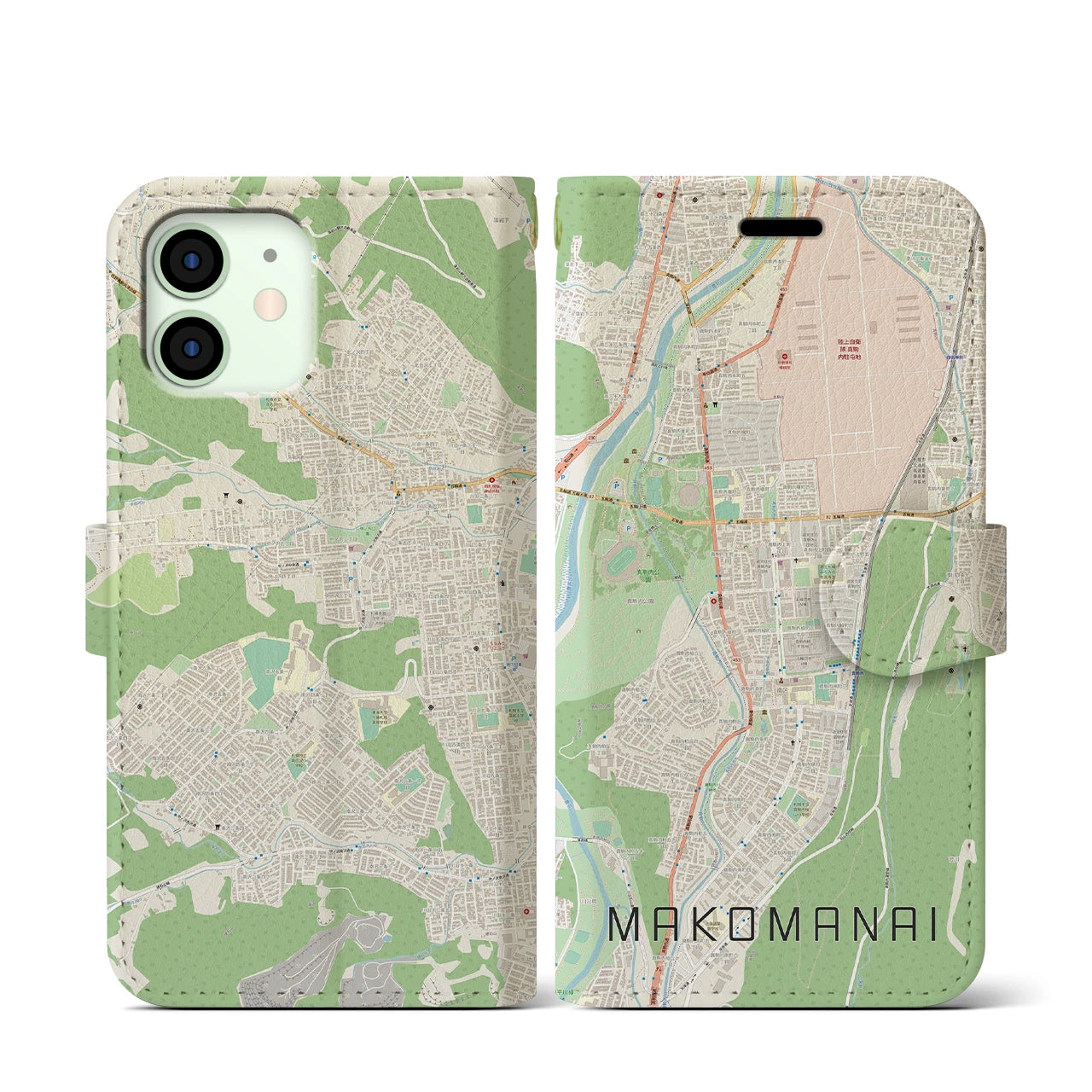 【真駒内(北海道)】地図柄iPhoneケース(手帳タイプ)ナチュラル・iPhone 12 mini 用