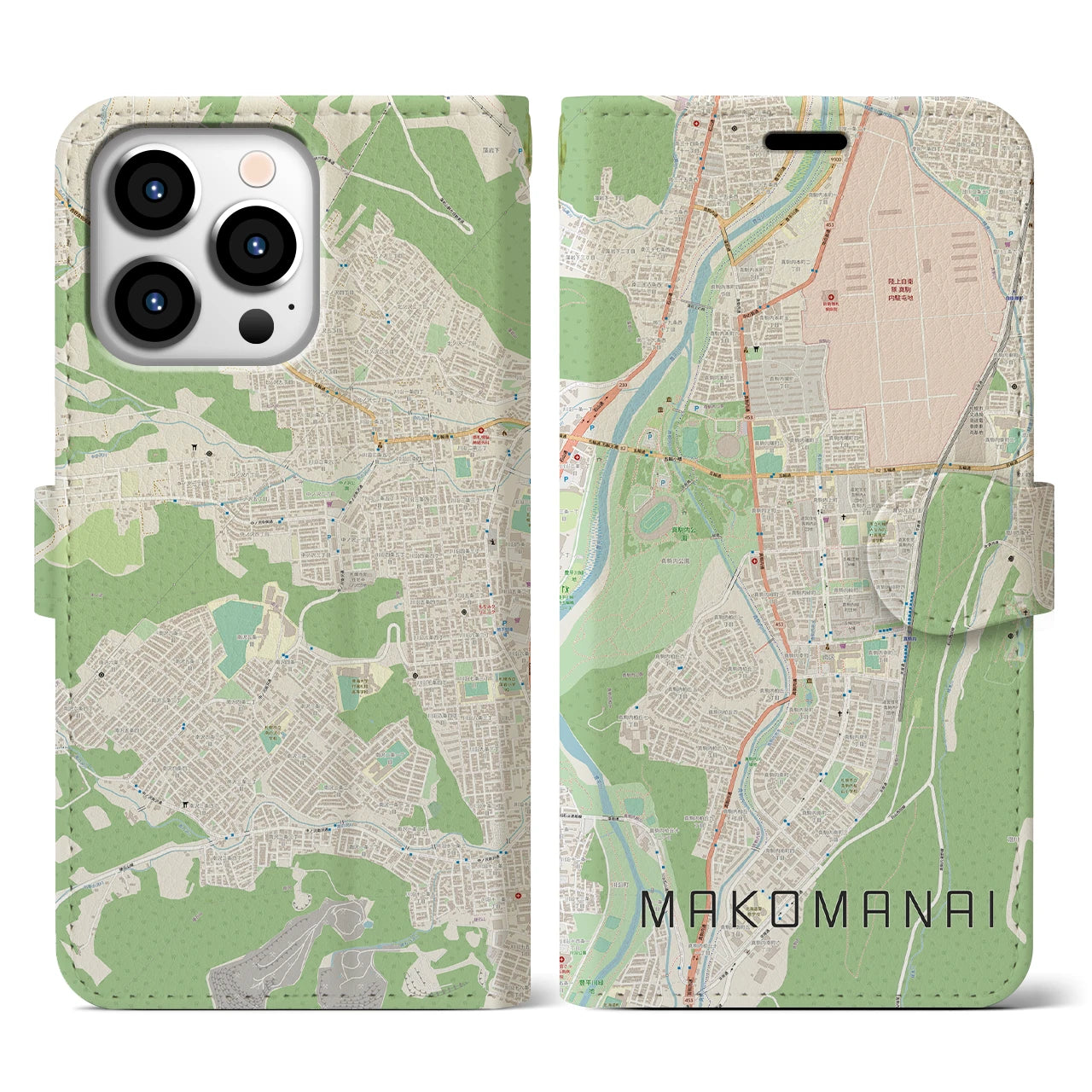【真駒内(北海道)】地図柄iPhoneケース(手帳タイプ)ナチュラル・iPhone 13 Pro 用