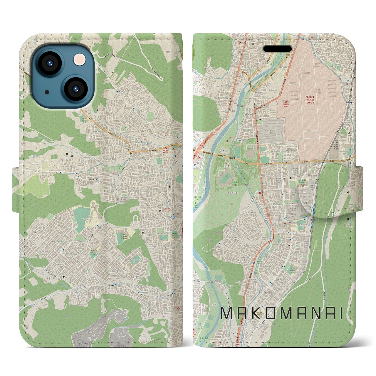 【真駒内(北海道)】地図柄iPhoneケース(手帳タイプ)ナチュラル・iPhone 13 用