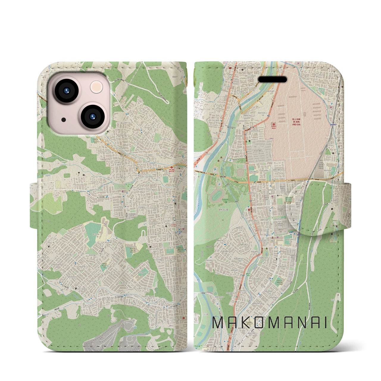 【真駒内(北海道)】地図柄iPhoneケース(手帳タイプ)ナチュラル・iPhone 13 mini 用