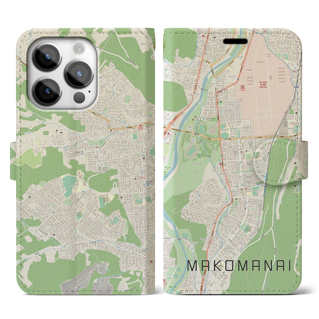 【真駒内(北海道)】地図柄iPhoneケース(手帳タイプ)ナチュラル・iPhone 14 Pro 用
