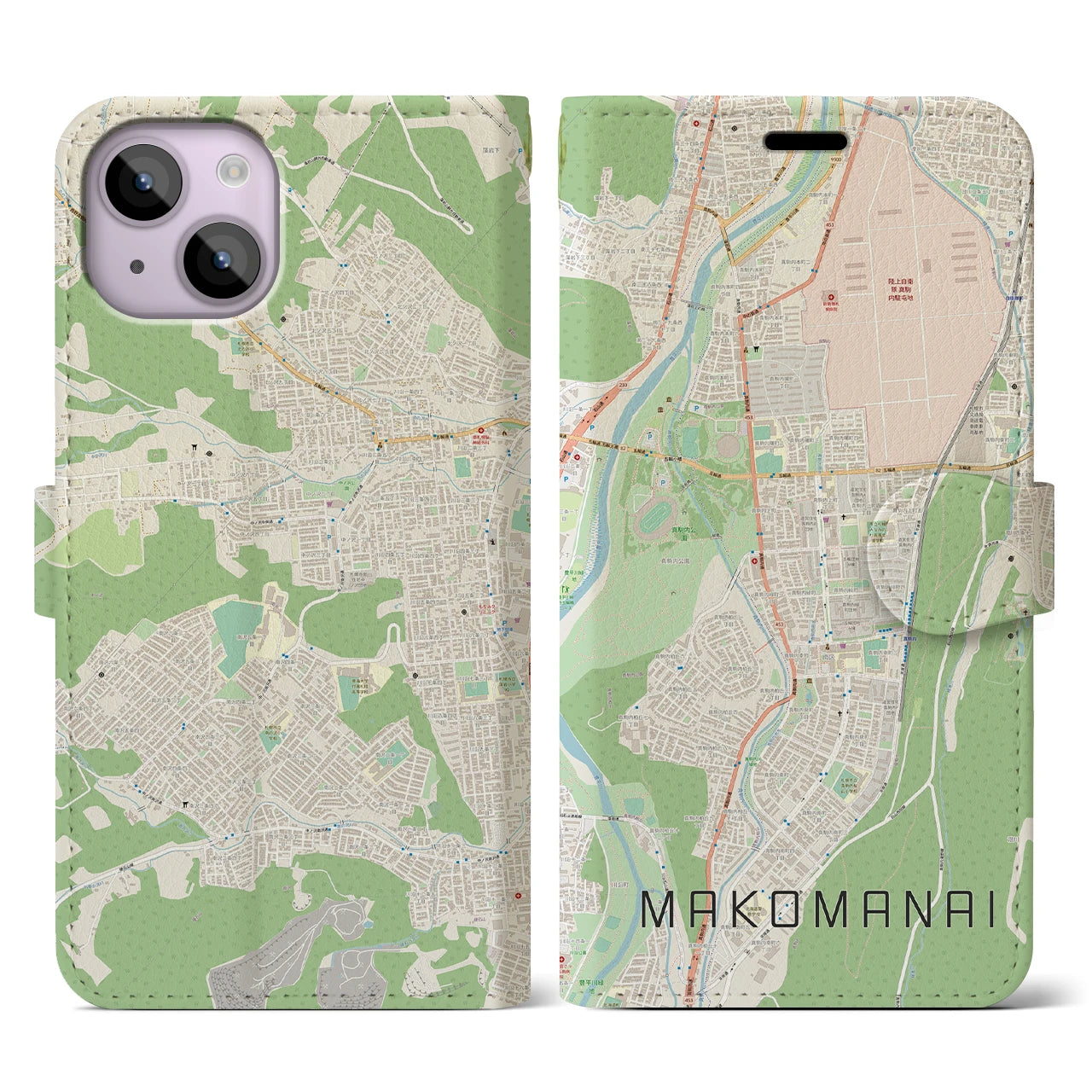 【真駒内(北海道)】地図柄iPhoneケース(手帳タイプ)ナチュラル・iPhone 14 用