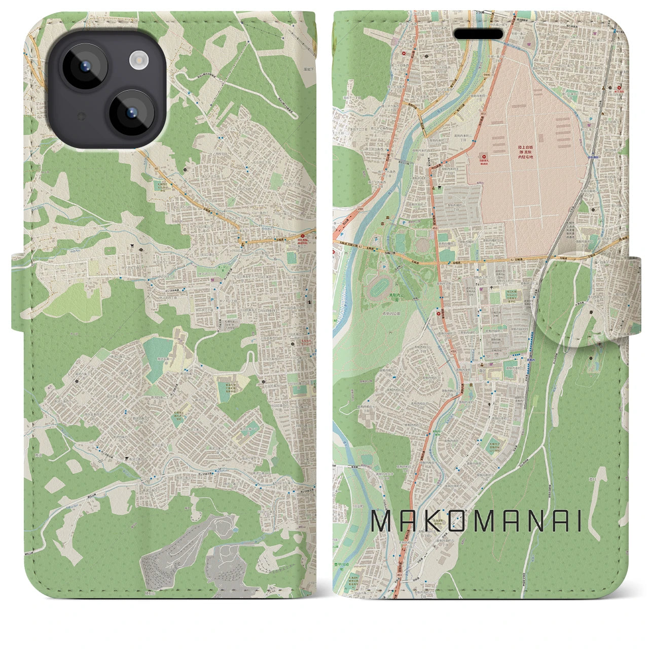 【真駒内(北海道)】地図柄iPhoneケース(手帳タイプ)ナチュラル・iPhone 14 Plus 用