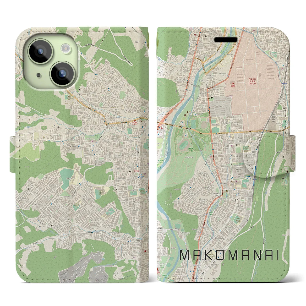 【真駒内(北海道)】地図柄iPhoneケース(手帳タイプ)ナチュラル・iPhone 15 用