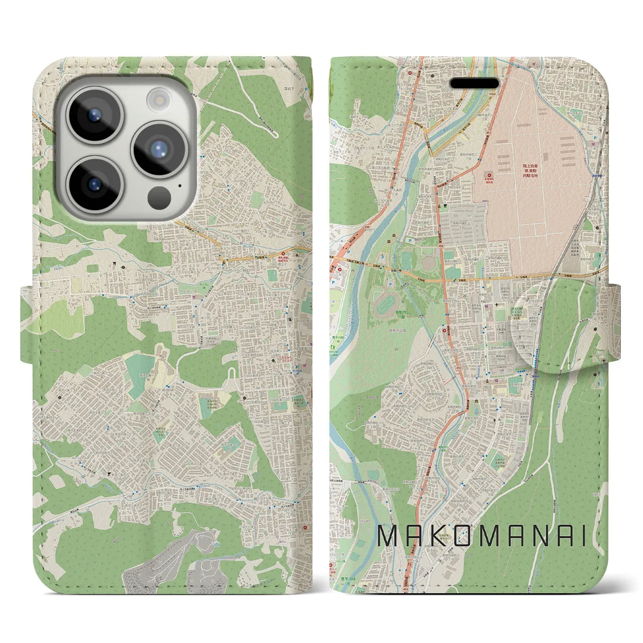 【真駒内(北海道)】地図柄iPhoneケース(手帳タイプ)ナチュラル・iPhone 15 Pro 用