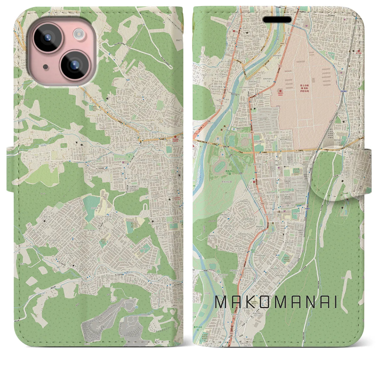 【真駒内(北海道)】地図柄iPhoneケース(手帳タイプ)ナチュラル・iPhone 15 Plus 用