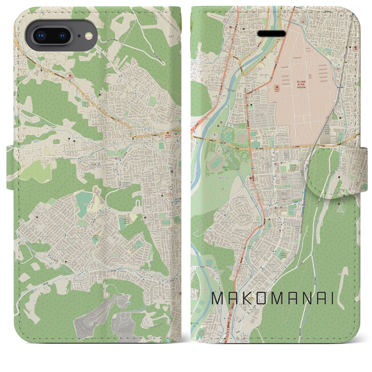 【真駒内(北海道)】地図柄iPhoneケース(手帳タイプ)ナチュラル・iPhone 8Plus /7Plus / 6sPlus / 6Plus 用