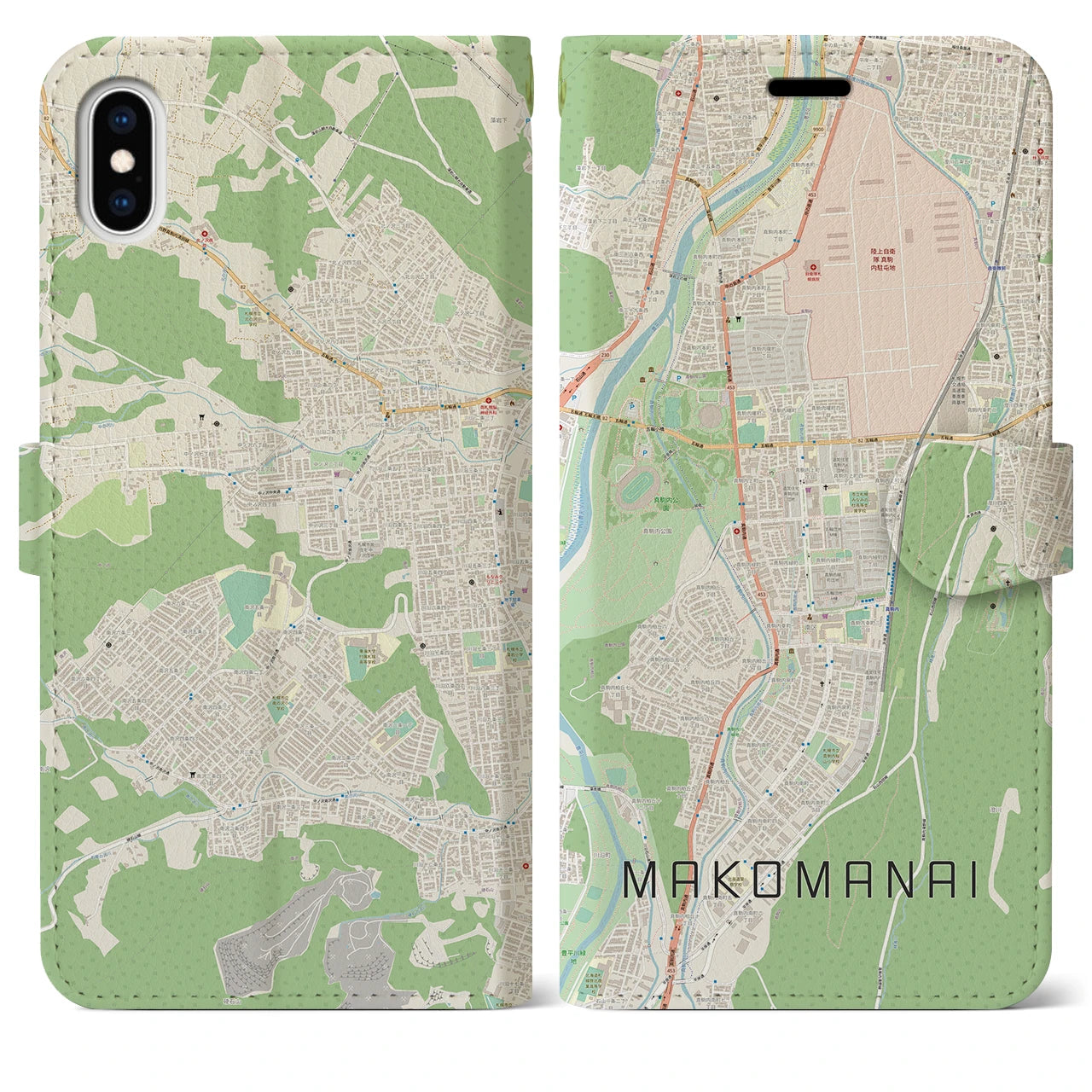 【真駒内(北海道)】地図柄iPhoneケース(手帳タイプ)ナチュラル・iPhone XS Max 用