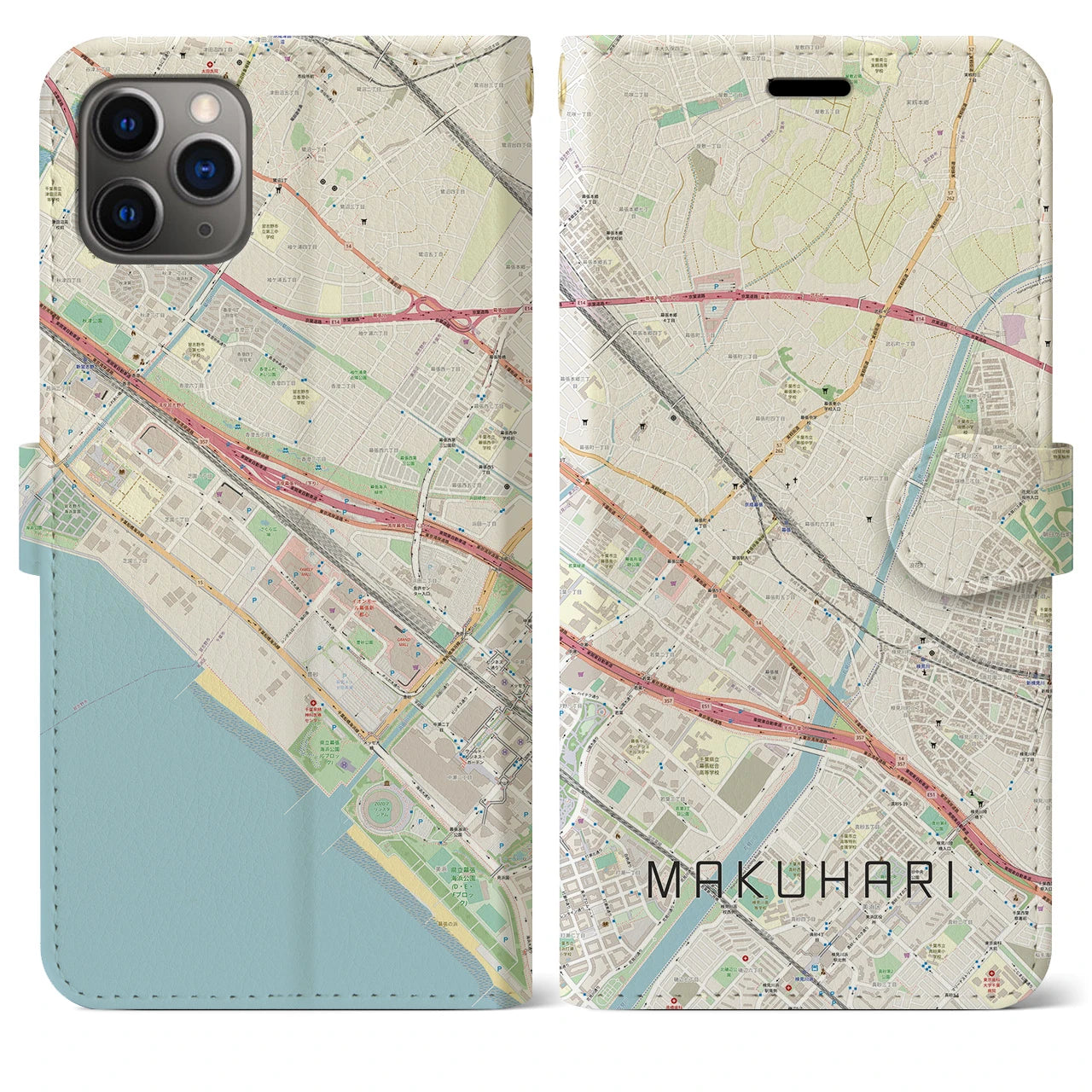 【幕張(千葉県)】地図柄iPhoneケース(手帳タイプ)ナチュラル・iPhone 11 Pro Max 用