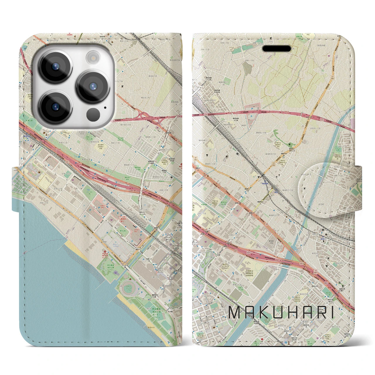 【幕張(千葉県)】地図柄iPhoneケース(手帳タイプ)ナチュラル・iPhone 14 Pro 用