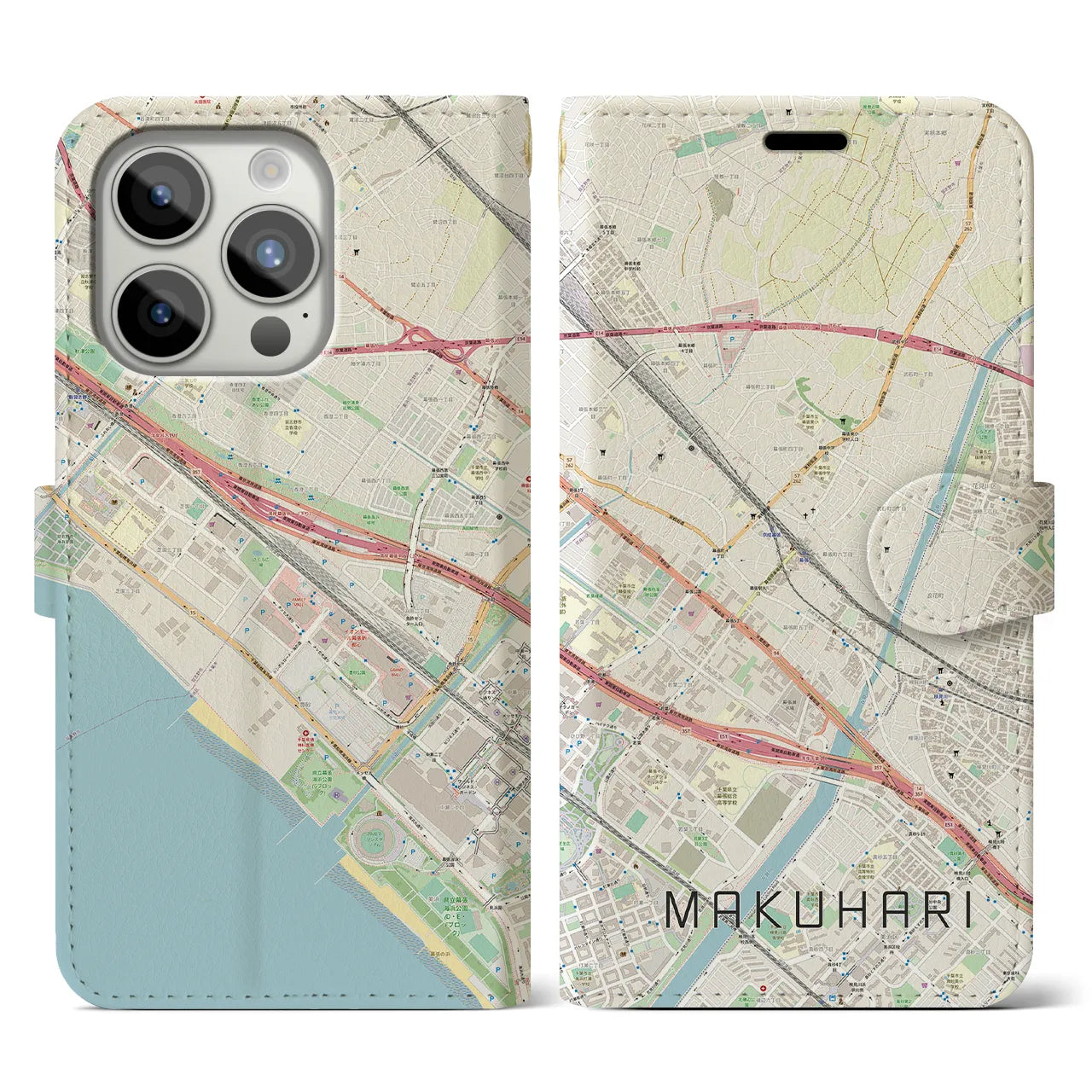 【幕張(千葉県)】地図柄iPhoneケース(手帳タイプ)ナチュラル・iPhone 15 Pro 用