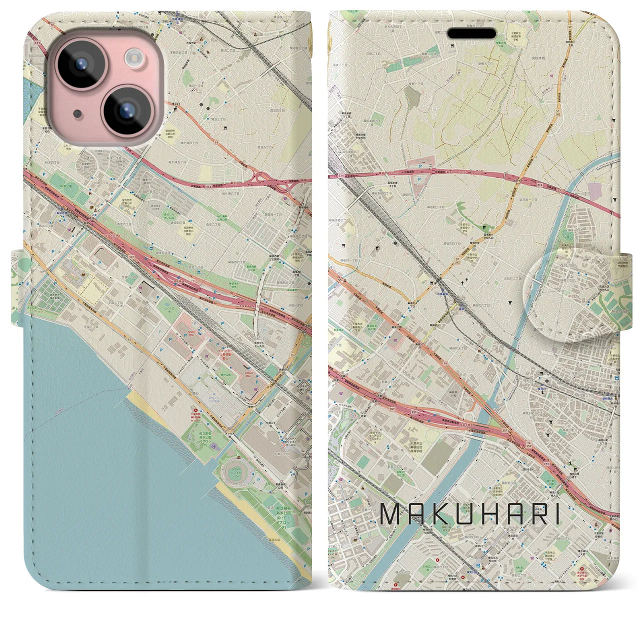 【幕張(千葉県)】地図柄iPhoneケース(手帳タイプ)ナチュラル・iPhone 15 Plus 用