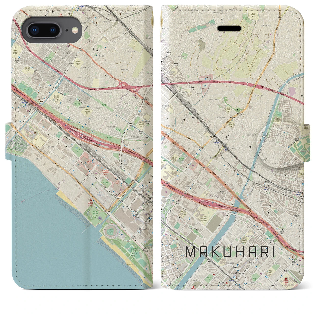 【幕張(千葉県)】地図柄iPhoneケース(手帳タイプ)ナチュラル・iPhone 8Plus /7Plus / 6sPlus / 6Plus 用