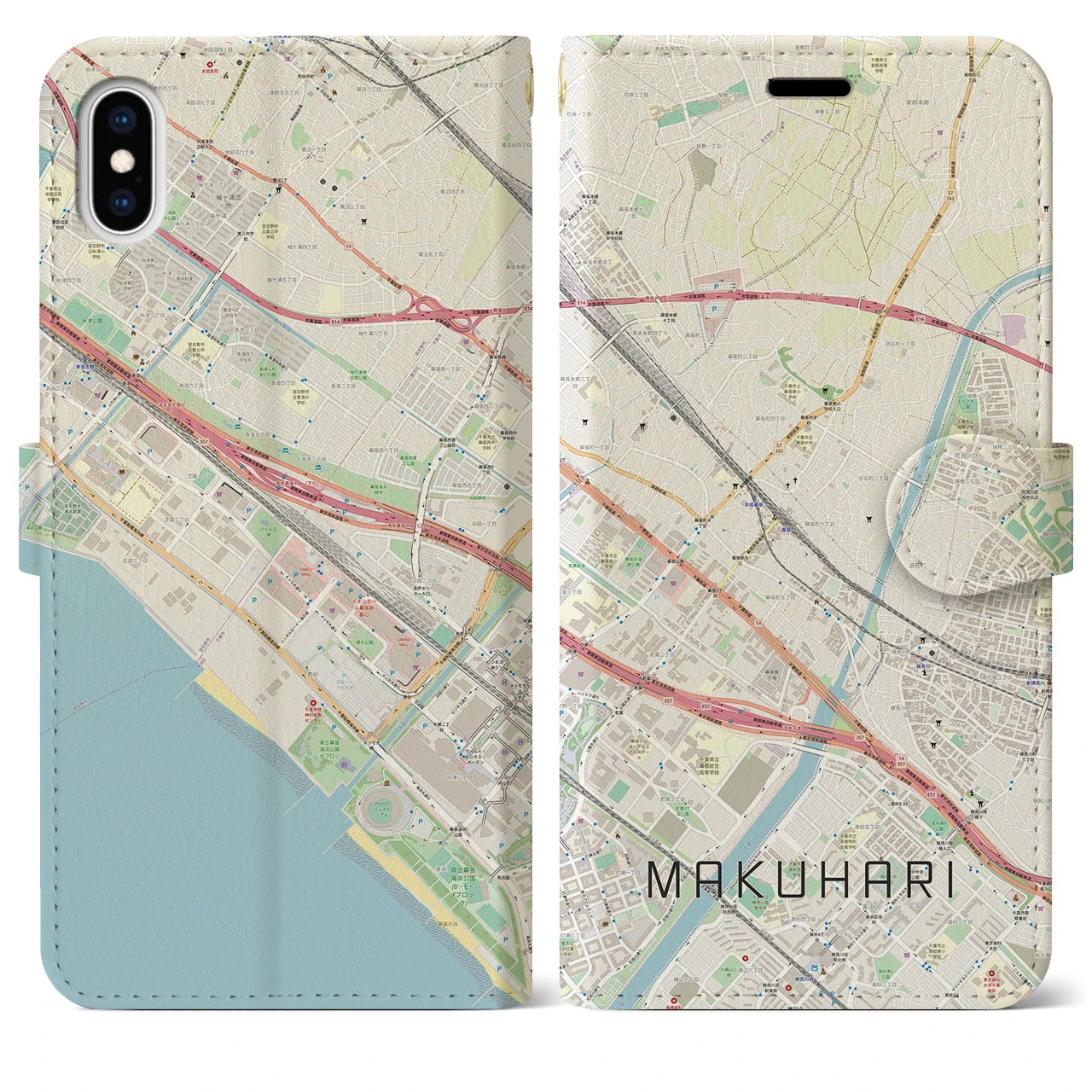 【幕張(千葉県)】地図柄iPhoneケース(手帳タイプ)ナチュラル・iPhone XS Max 用