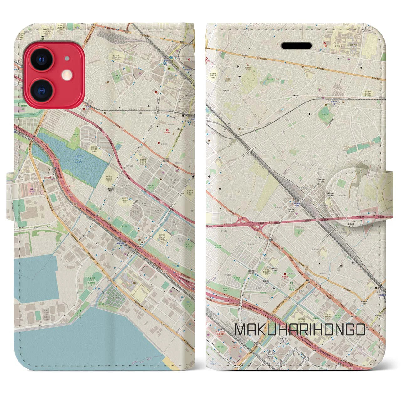 【幕張本郷(千葉県)】地図柄iPhoneケース(手帳タイプ)ナチュラル・iPhone 11 用