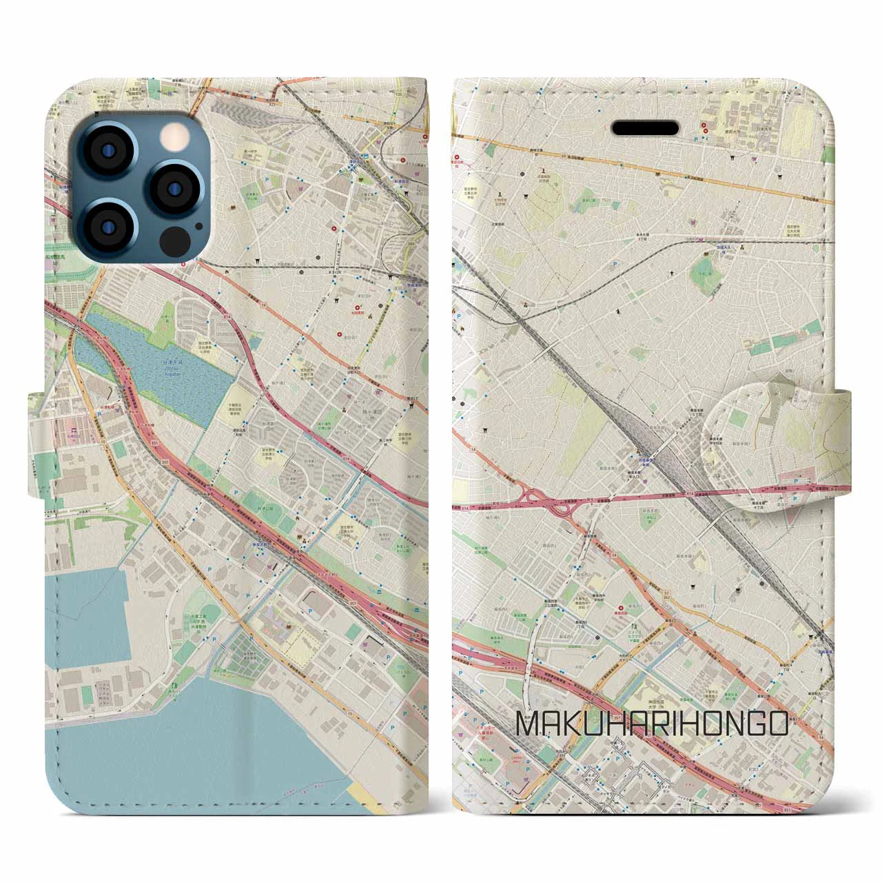 【幕張本郷(千葉県)】地図柄iPhoneケース(手帳タイプ)ナチュラル・iPhone 12 / 12 Pro 用