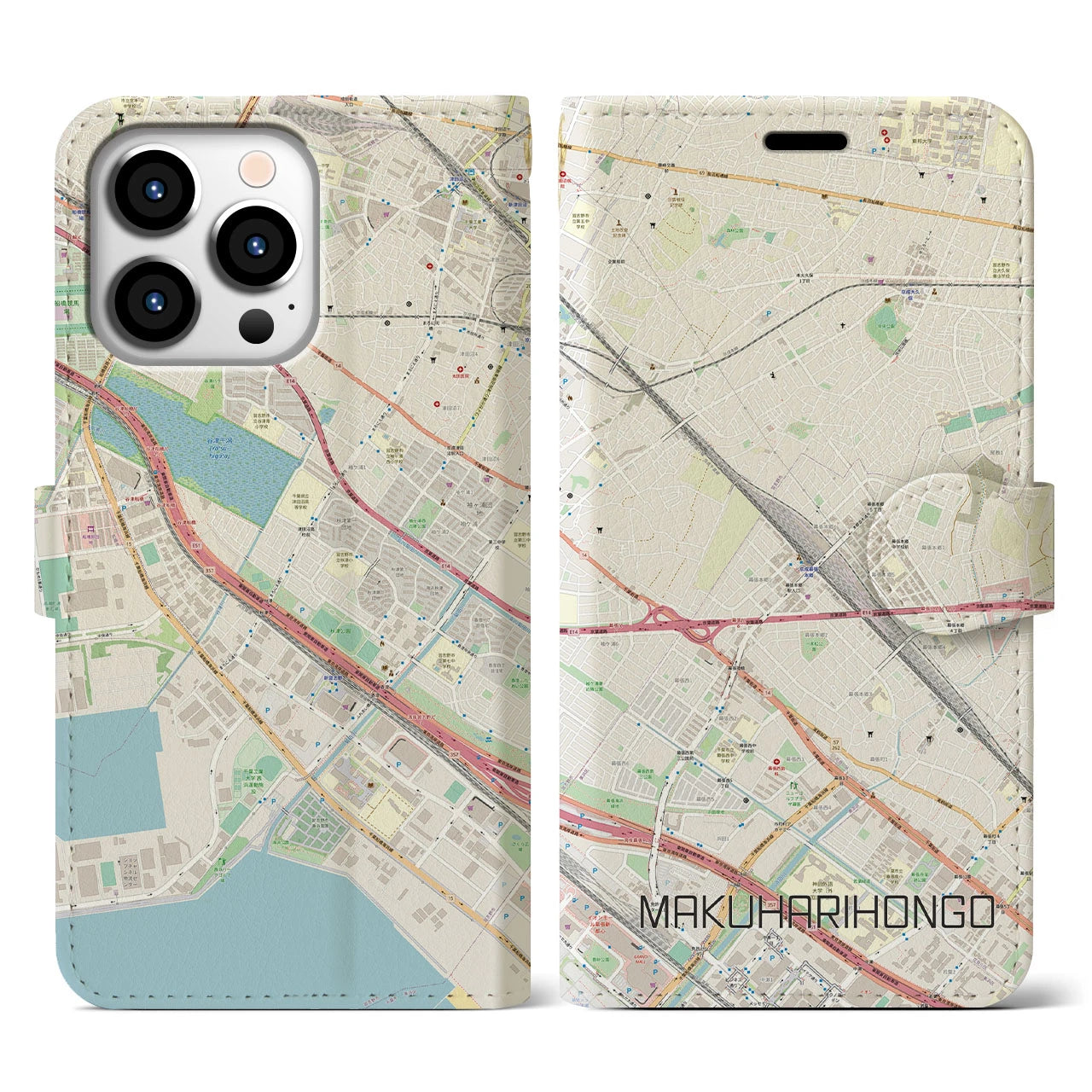 【幕張本郷(千葉県)】地図柄iPhoneケース(手帳タイプ)ナチュラル・iPhone 13 Pro 用