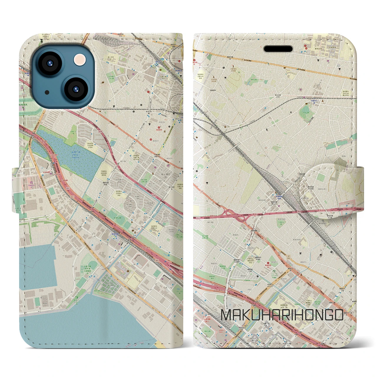【幕張本郷(千葉県)】地図柄iPhoneケース(手帳タイプ)ナチュラル・iPhone 13 用
