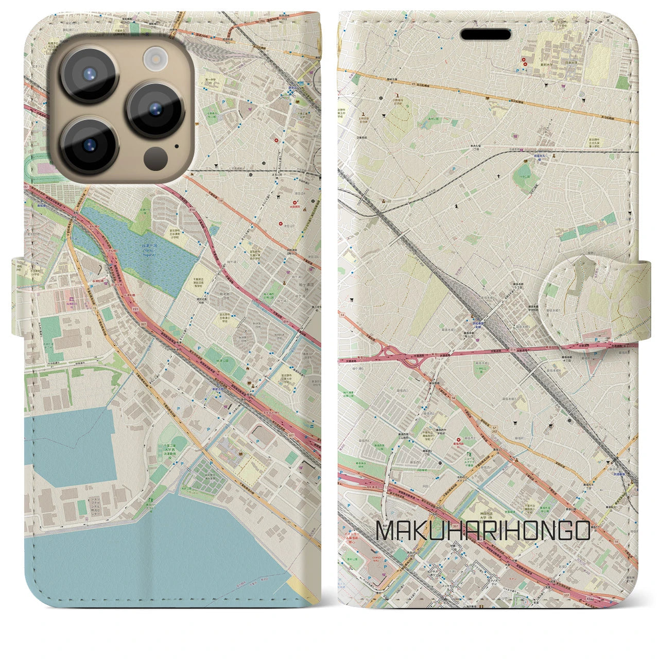 【幕張本郷(千葉県)】地図柄iPhoneケース(手帳タイプ)ナチュラル・iPhone 14 Pro Max 用