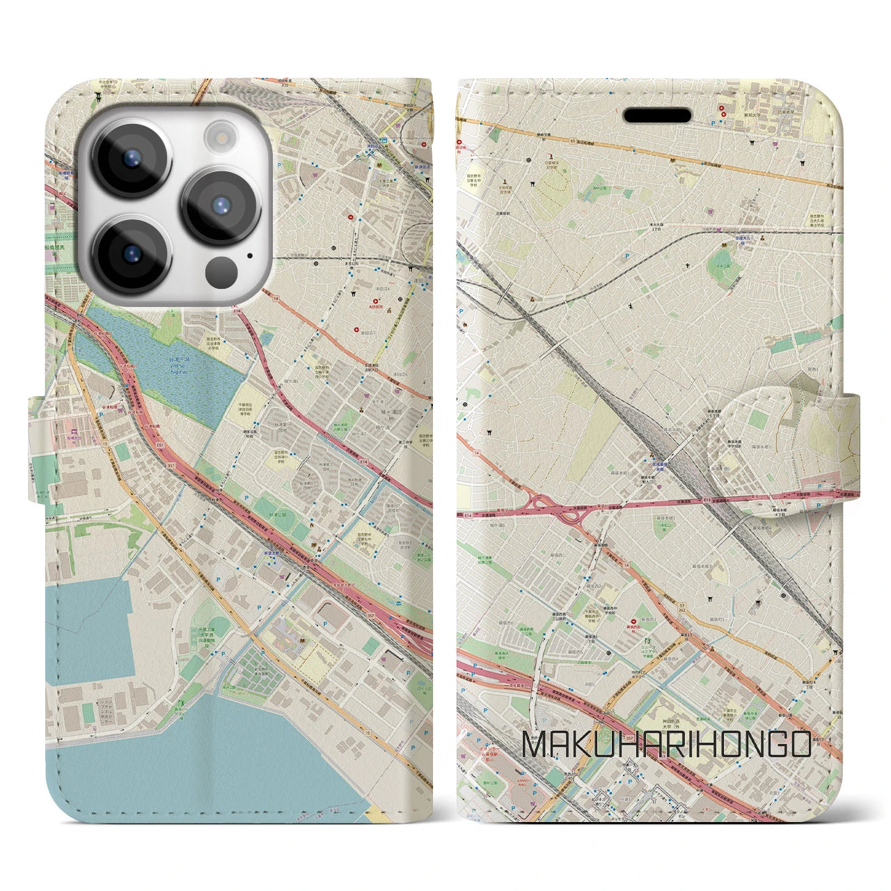 【幕張本郷(千葉県)】地図柄iPhoneケース(手帳タイプ)ナチュラル・iPhone 14 Pro 用