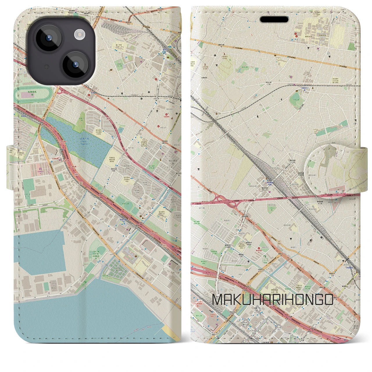 【幕張本郷(千葉県)】地図柄iPhoneケース(手帳タイプ)ナチュラル・iPhone 14 Plus 用