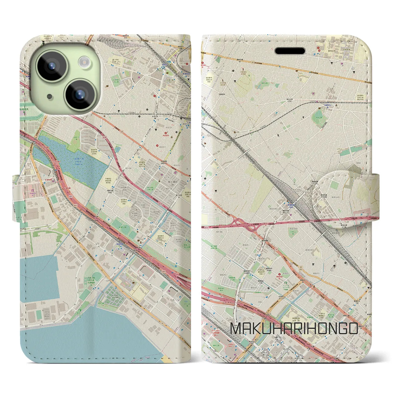 【幕張本郷(千葉県)】地図柄iPhoneケース(手帳タイプ)ナチュラル・iPhone 15 用