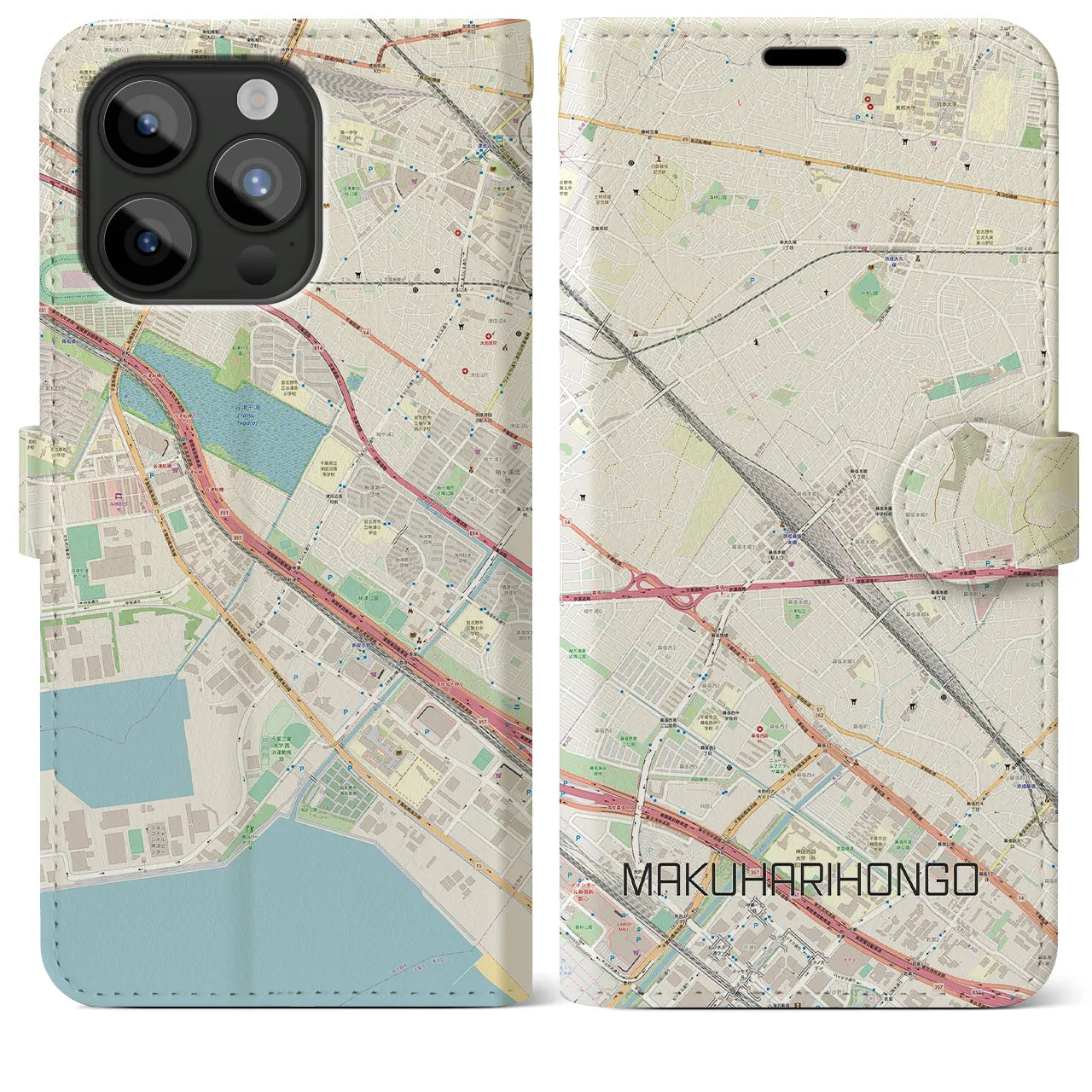 【幕張本郷(千葉県)】地図柄iPhoneケース(手帳タイプ)ナチュラル・iPhone 15 Pro Max 用