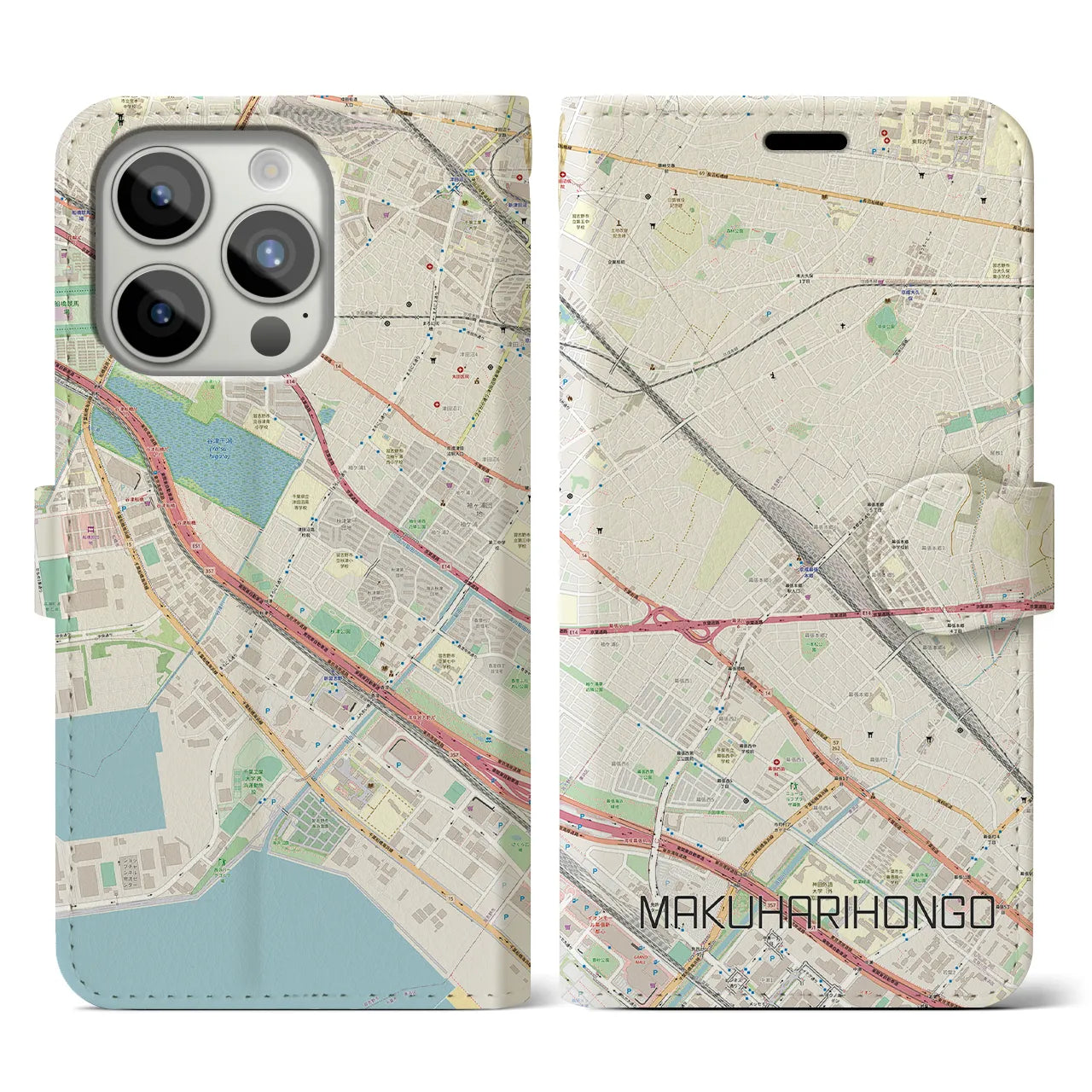 【幕張本郷(千葉県)】地図柄iPhoneケース(手帳タイプ)ナチュラル・iPhone 15 Pro 用