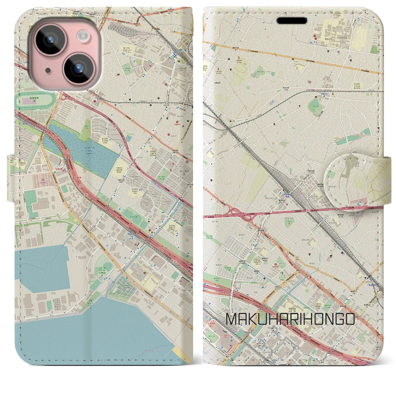 【幕張本郷(千葉県)】地図柄iPhoneケース(手帳タイプ)ナチュラル・iPhone 15 Plus 用