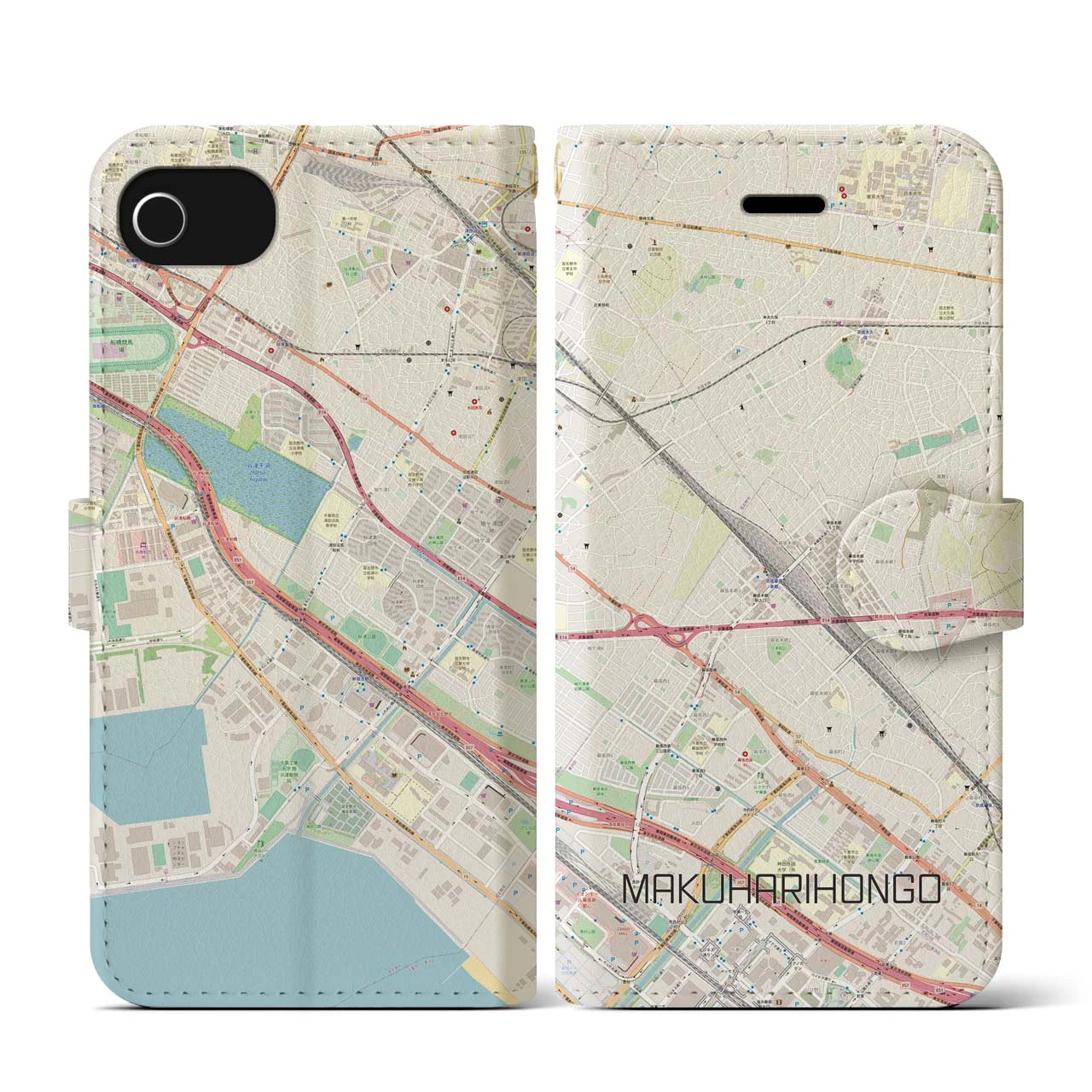 【幕張本郷(千葉県)】地図柄iPhoneケース(手帳タイプ)ナチュラル・iPhone SE(第3 / 第2世代) / 8 / 7 / 6s / 6 用