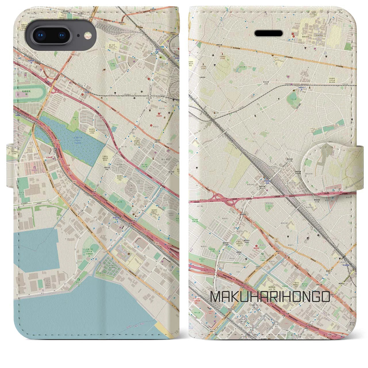 【幕張本郷(千葉県)】地図柄iPhoneケース(手帳タイプ)ナチュラル・iPhone 8Plus /7Plus / 6sPlus / 6Plus 用