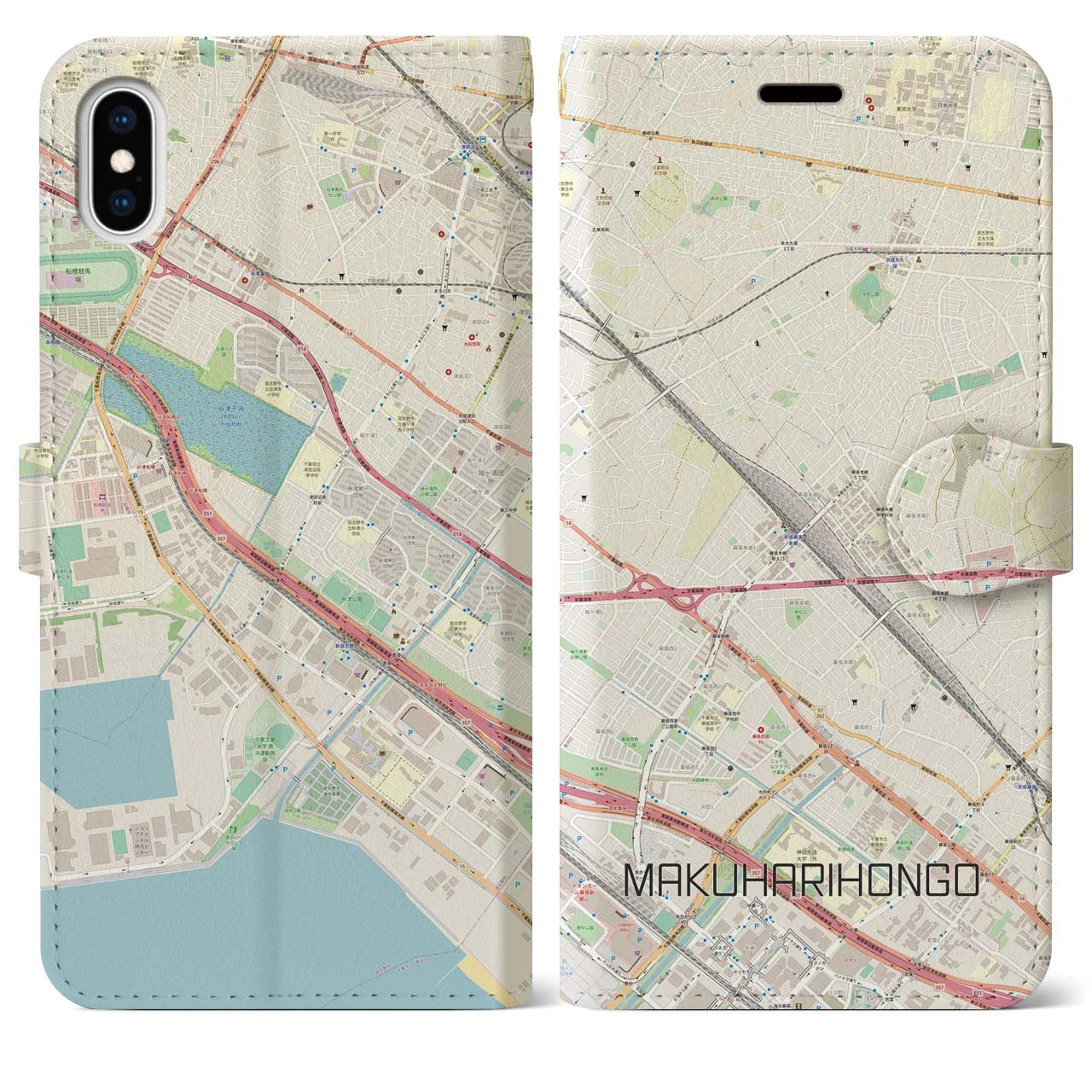 【幕張本郷(千葉県)】地図柄iPhoneケース(手帳タイプ)ナチュラル・iPhone XS Max 用